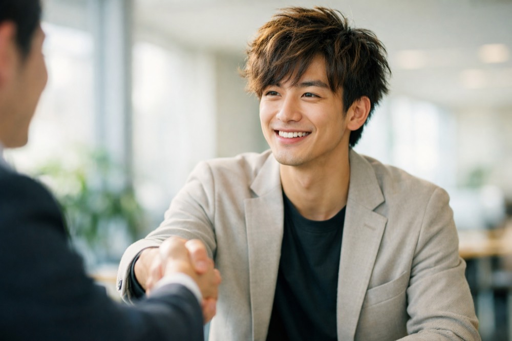 年収アップと交渉を象徴する若手男性のビジネスパーソンの写真