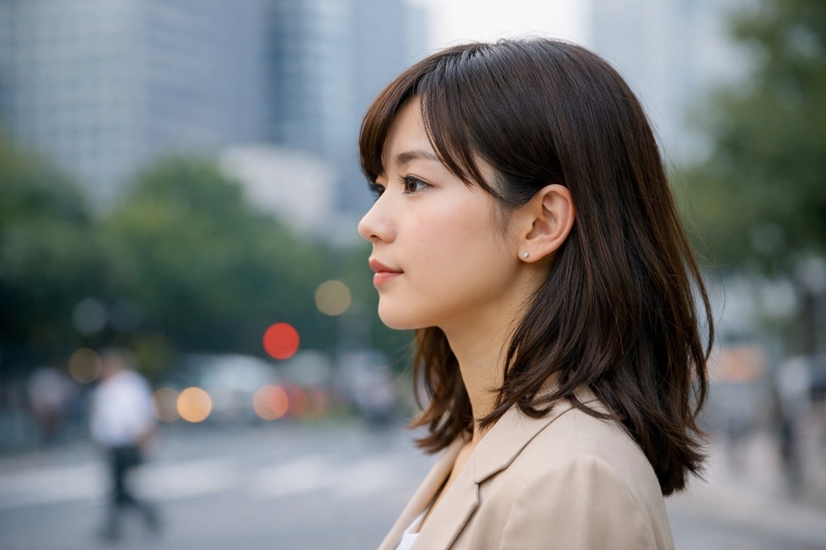 都会を見つめ進路を考える若手ビジネスパーソンの女性