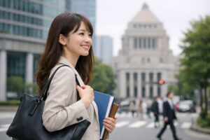 国会議事堂を背に書類を持って歩く笑顔の若手女性