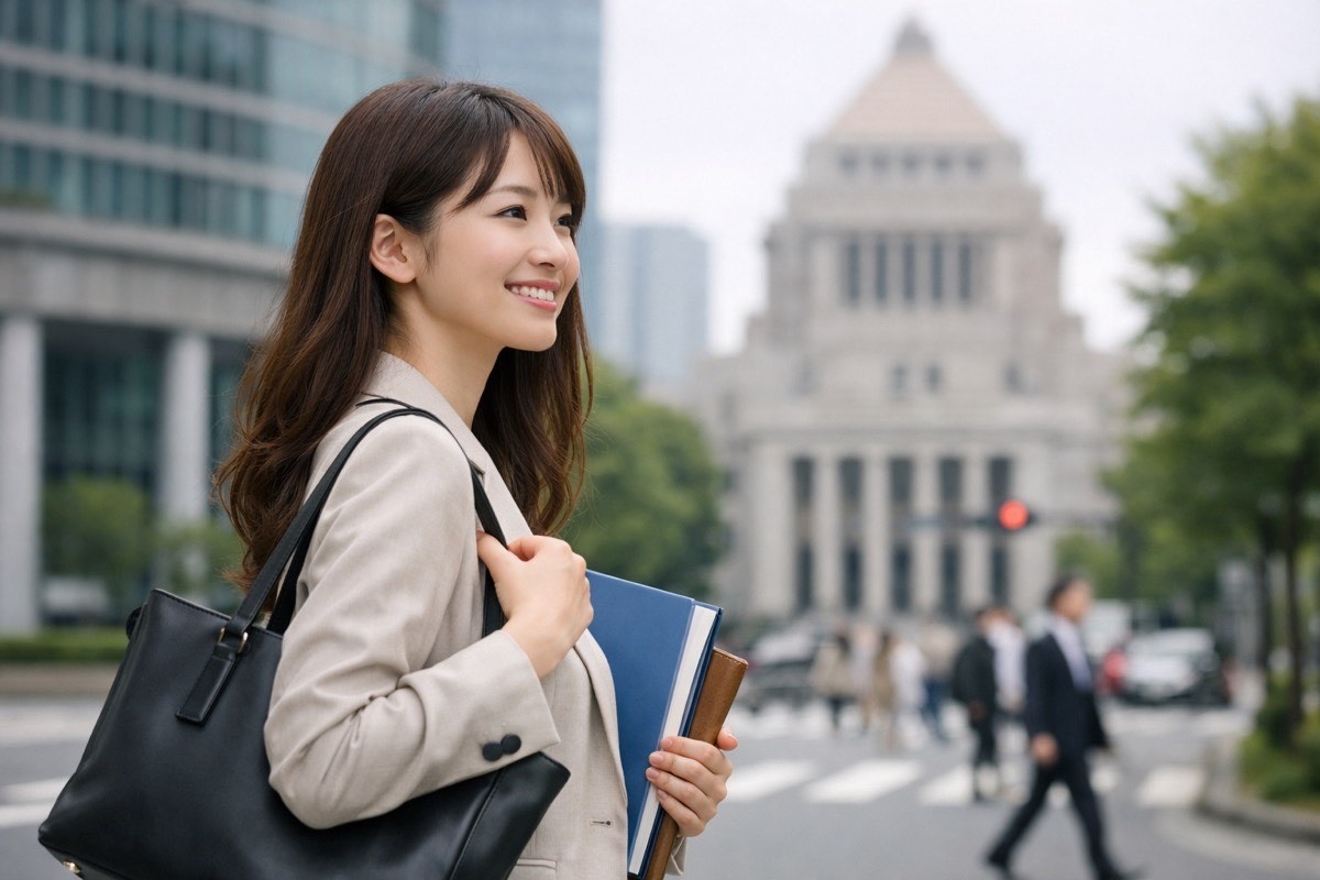 国会議事堂を背に書類を持って歩く笑顔の若手女性