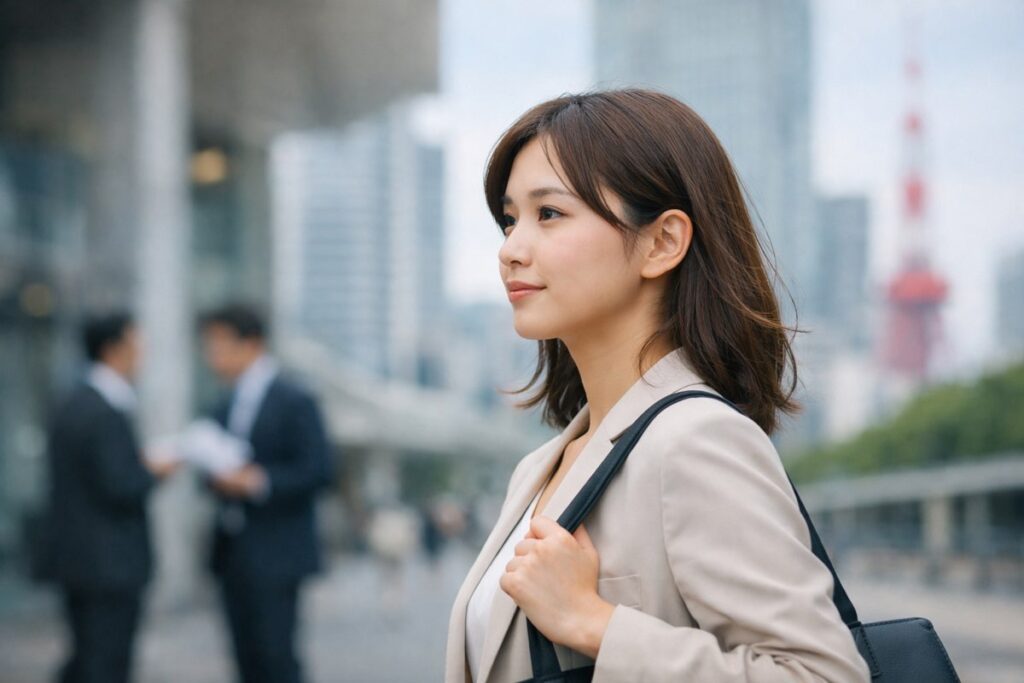 街を前向きに歩く若手ビジネスパーソンの女性