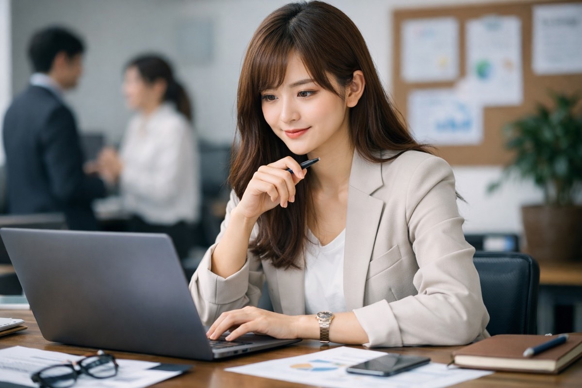オフィスでノートPCに向かい職務経歴書を作成する若手女性