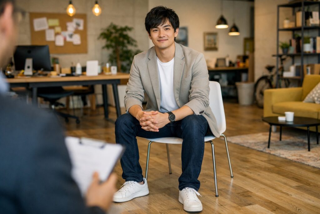 服装自由の面接を象徴する若手男性のビジネスパーソンの写真