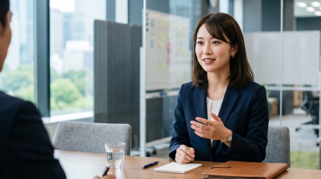 面接で転職理由を伝える女性