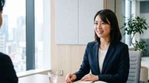 面接で逆質問をする女性