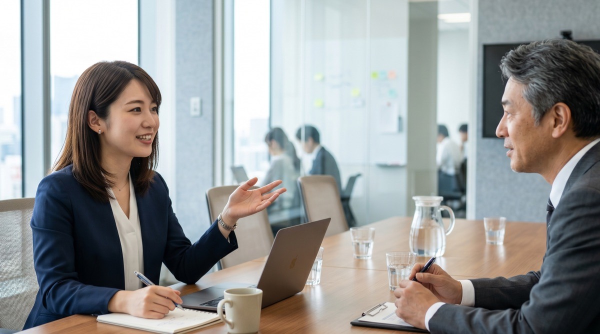二次面接で面接官と話す女性
