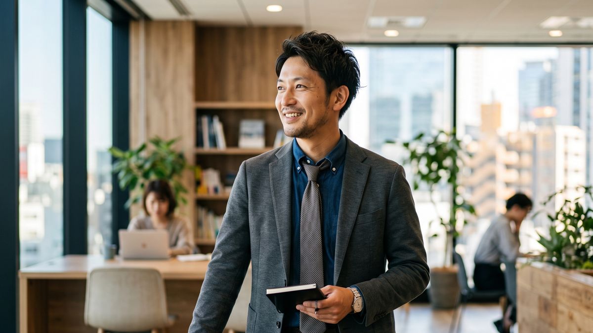多様な業界での経験を強みに、自信を持って働く30代の男性ビジネスパーソン（明るいモダンなオフィス）