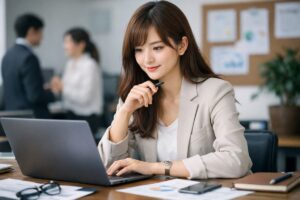ノートパソコンでAIを使い職務経歴書を作成する若手のビジネスパーソン(ChatGPT 職務経歴書のイメージ)