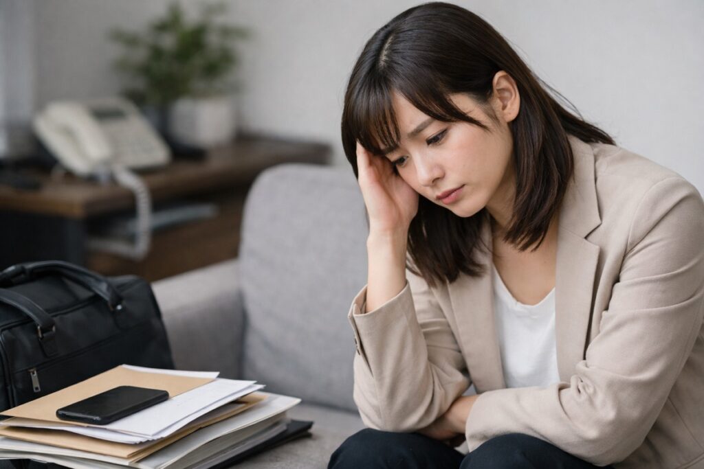 スマートフォンで退職の相談をする若手のビジネスパーソン（退職代行 公務員のイメージ）