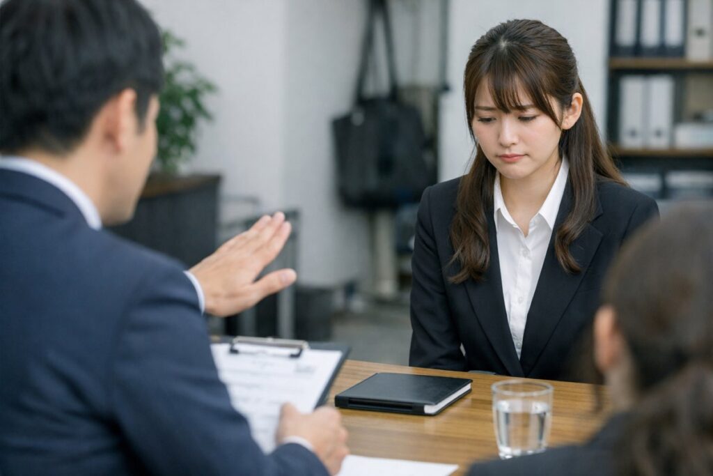 面接で面接官と向き合う若手のビジネスパーソン（面接で落とす人の特徴のイメージ）
