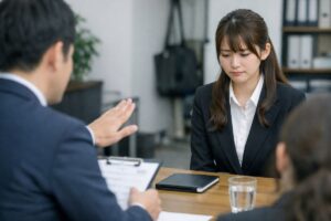 面接で面接官と向き合う若手のビジネスパーソン（面接で落とす人の特徴のイメージ）