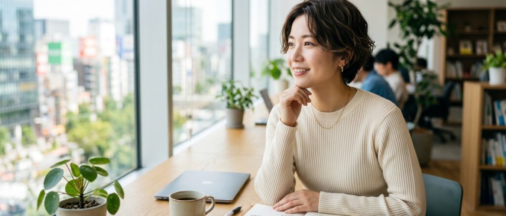 公務員と民間どちらがきついか考える若手ビジネスパーソン（窓辺のオフィス）