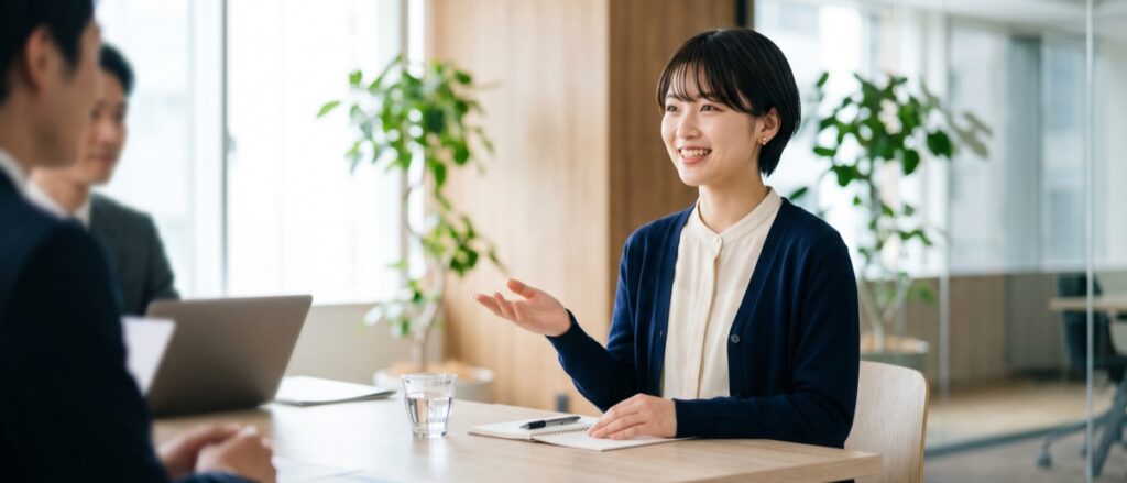面接で自己紹介をしながら身ぶりを交えて話す若い女性の応募者と面接官