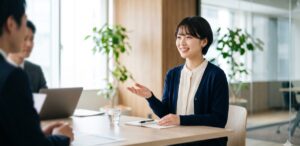 面接で自己紹介をしながら身ぶりを交えて話す若い女性の応募者と、向かいで話を聞く面接官