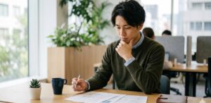 オフィスのデスクで書類を見ながら転職を思案する若い男性