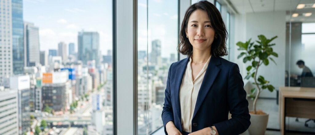 高層オフィスの窓辺で自信を持って立つ30代の女性ビジネスパーソン