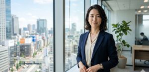高層オフィスの窓辺で自信を持って立つ30代の女性ビジネスパーソン