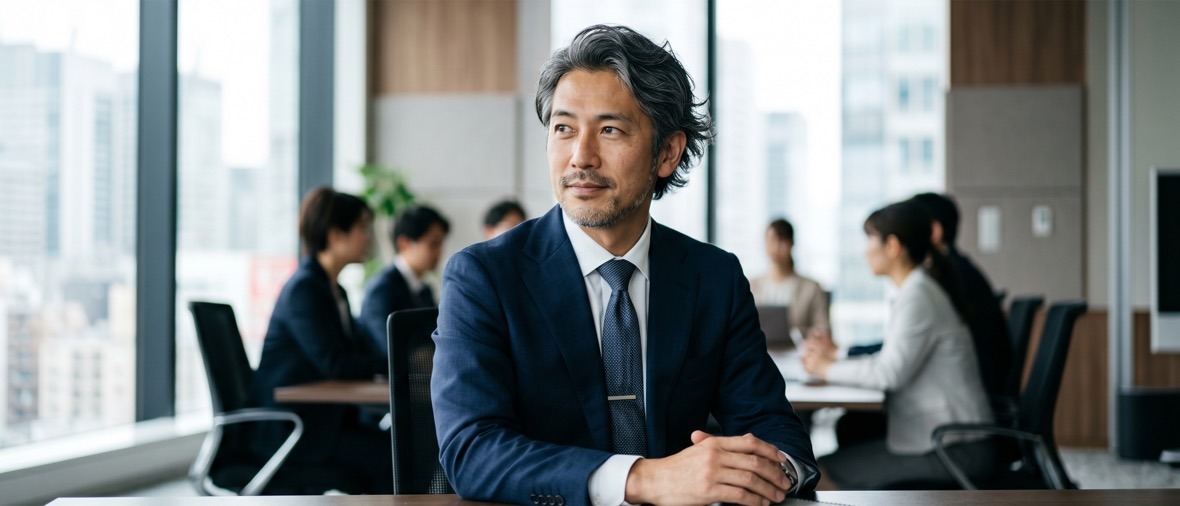 モダンな会議室で落ち着いた佇まいの40代エグゼクティブ男性
