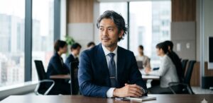 モダンな会議室で落ち着いた佇まいの40代エグゼクティブ男性