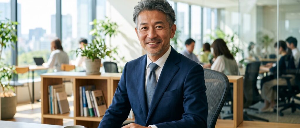 明るいオフィスで穏やかに微笑む経験豊かな50代の男性ビジネスパーソン