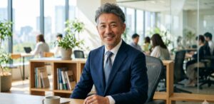 明るいオフィスで穏やかに微笑む経験豊かな50代の男性ビジネスパーソン