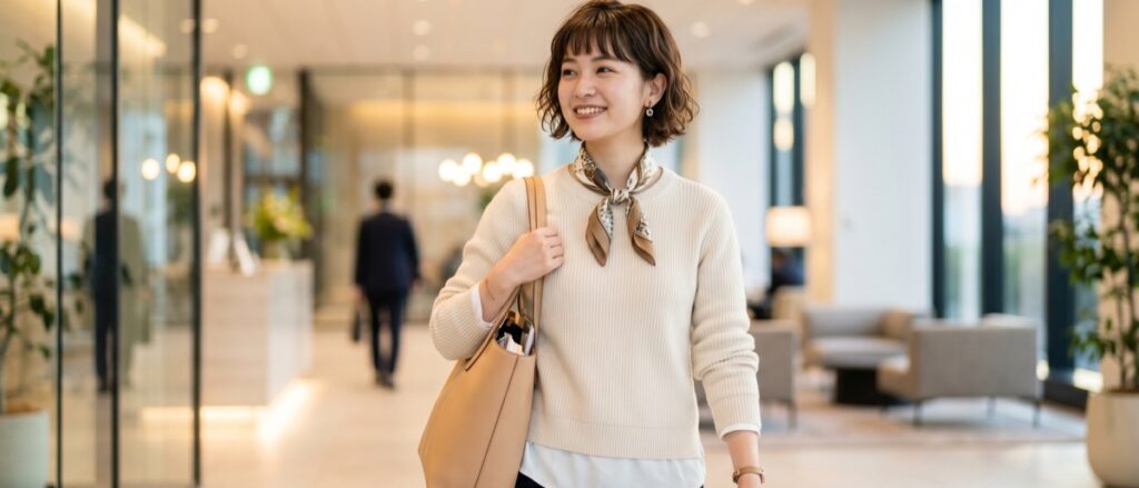 オフィスのロビーを後にする明るい表情の20代女性ビジネスパーソン