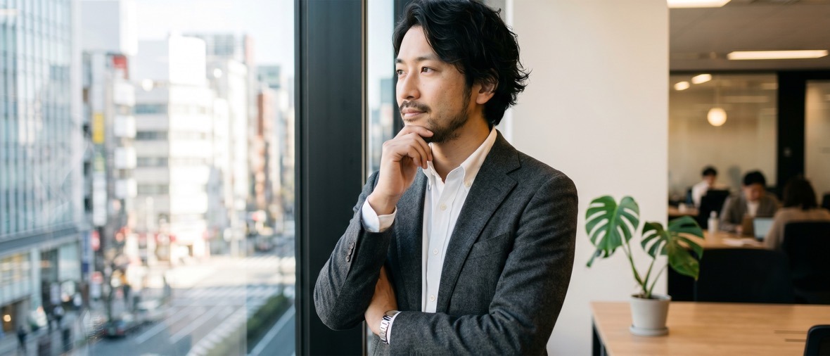 オフィスの窓辺でキャリアを思案する30代の男性ビジネスパーソン