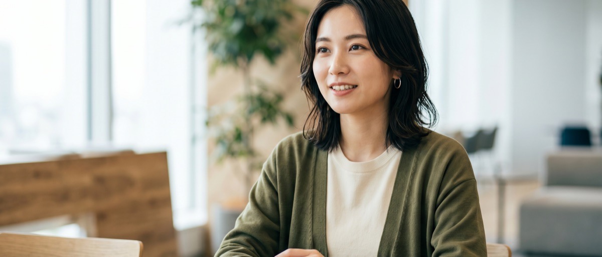 面接で長所・短所を落ち着いて答える女性