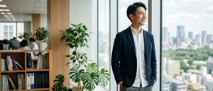 窓辺で5年後のキャリアを思い描く男性