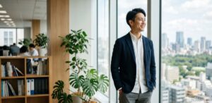 窓辺で5年後のキャリアを思い描く男性