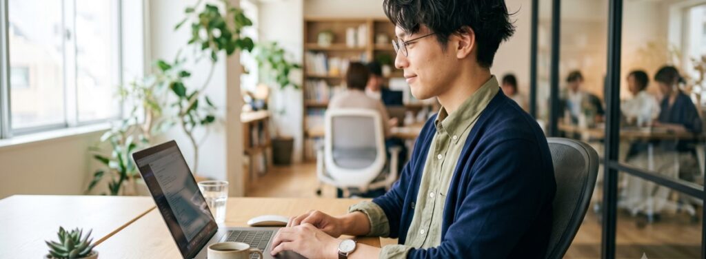 落ち着いて業務に向き合う男性