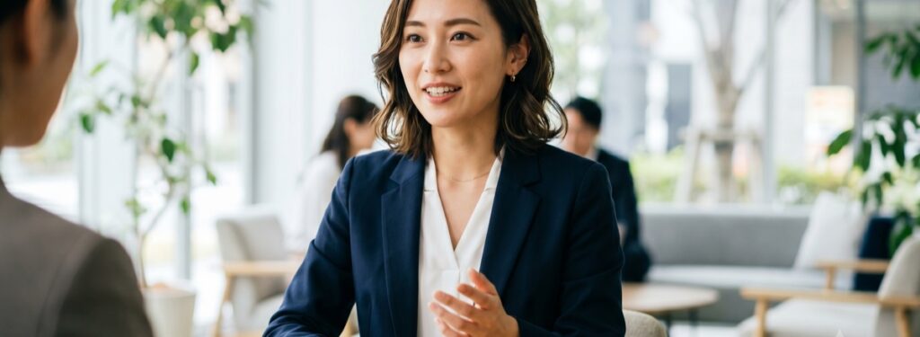 面接で経歴を自信を持って説明する女性